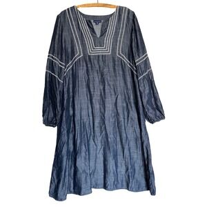 Pure Jill L Indigo Tencel Lyocell Embroidered Tunic Dress Blue Pocket Cottage